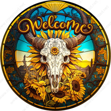 Load image into Gallery viewer, Welcome Sunflower Cow Skull Wreath Sign-Round-Sublimation-Farm-Decor-Creek Road Designs
