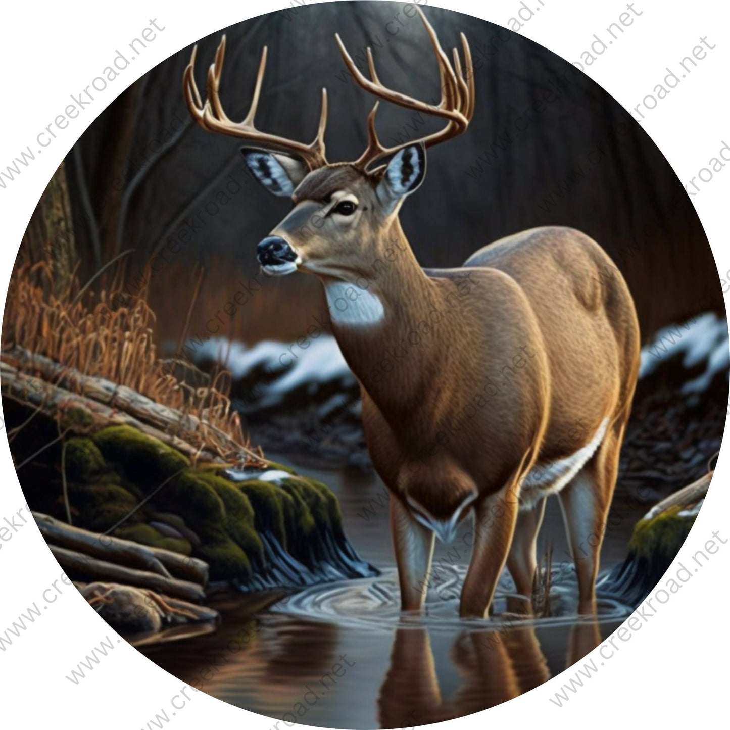 Large Buck Deer in Stream Wreath Sign-Round-Sublimation-Fall-Decor-Creek Road Designs