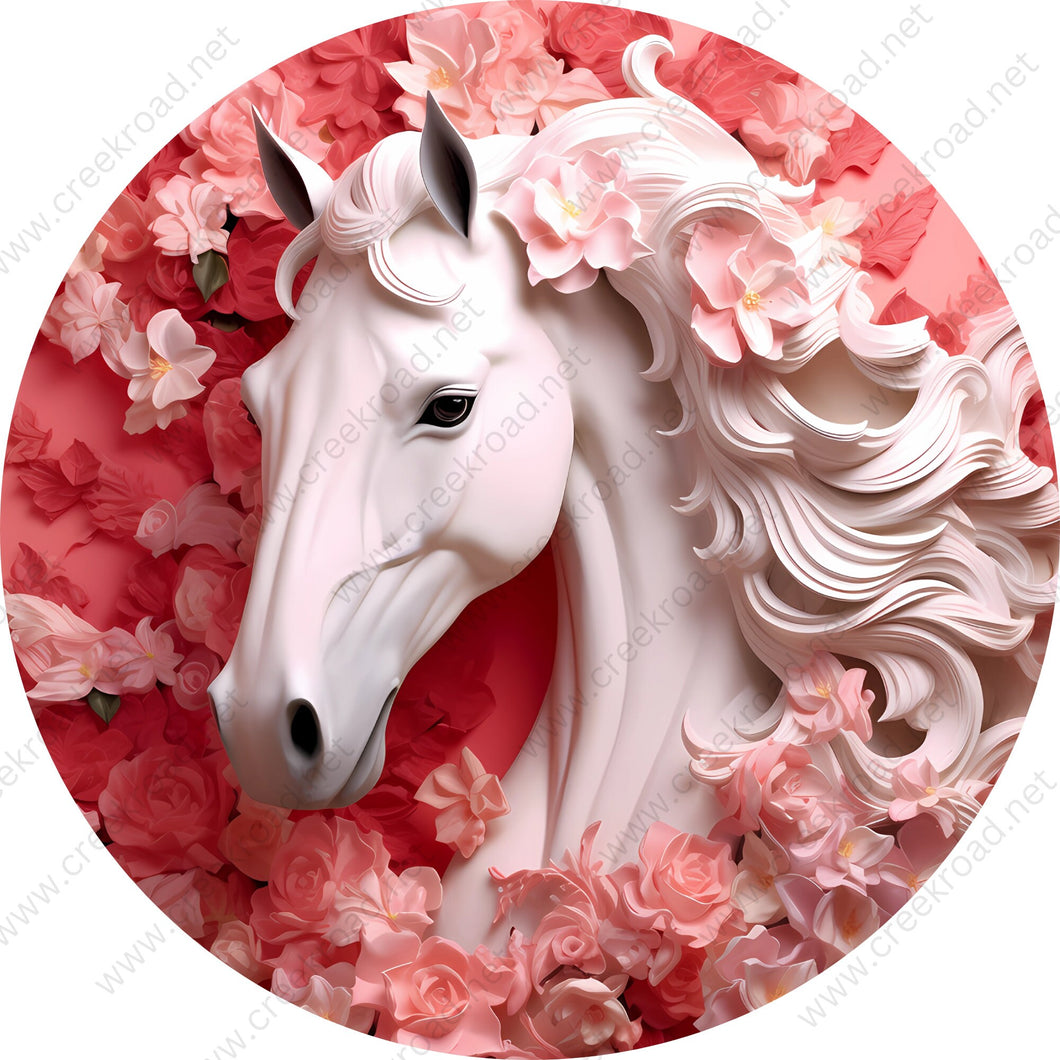 White Horse with Pink Flowers -3D-Wreath Sign-Round-Sublimation-Fall-Decor-Creek Road Designs