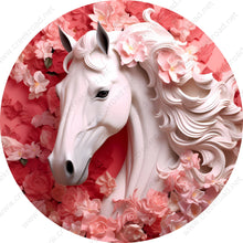Load image into Gallery viewer, White Horse with Pink Flowers -3D-Wreath Sign-Round-Sublimation-Fall-Decor-Creek Road Designs
