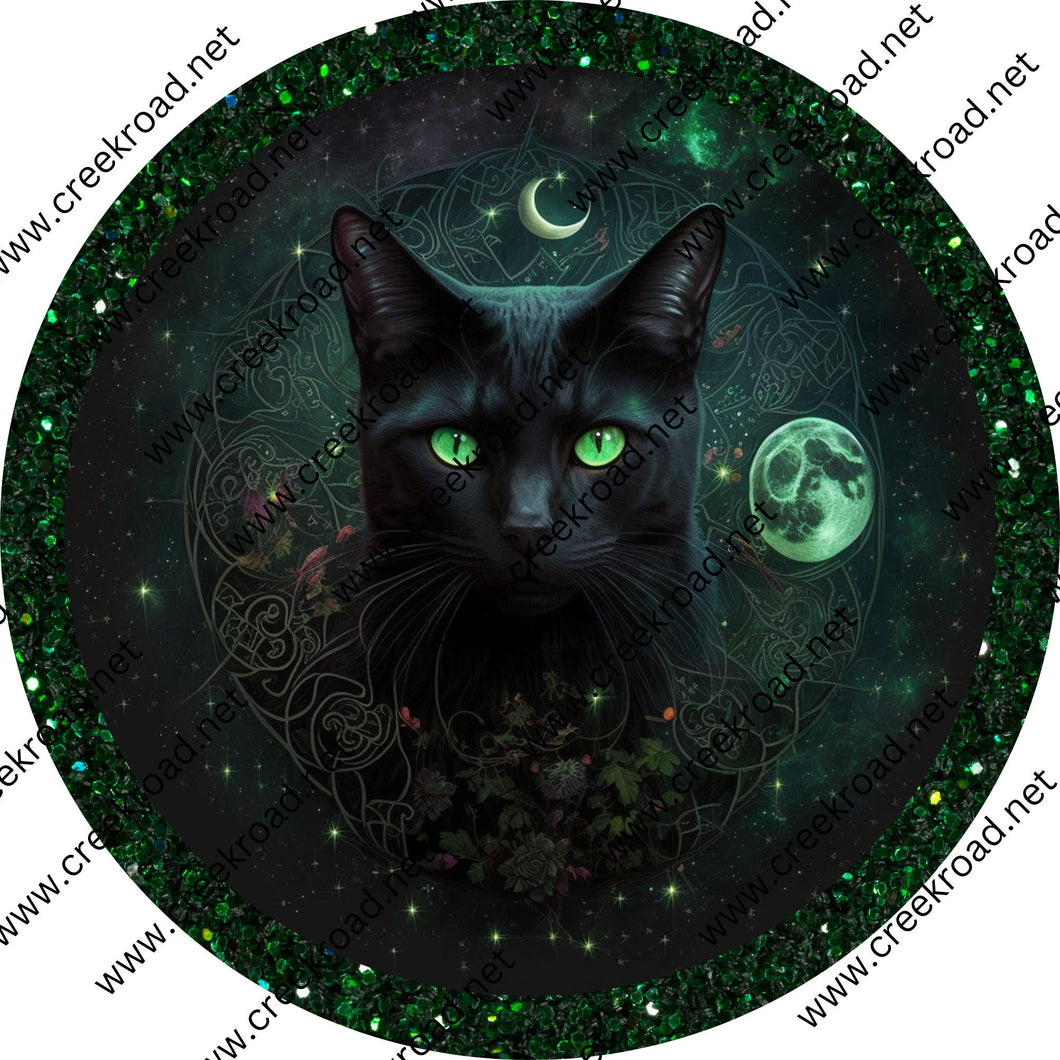Halloween Black Cat with Celestial Background Green Glitter Border Wreath Sign-Halloween-Sublimation-Decor-Creek Road Designs