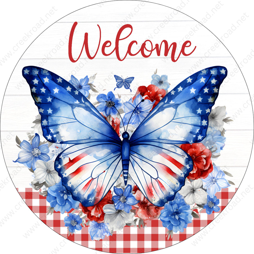 Welcome Patriotic Butterfly Watercolor on Shiplap Background Red White Gingham Wreath Sign-Sublimation-Decor-Round-Creek Road Design