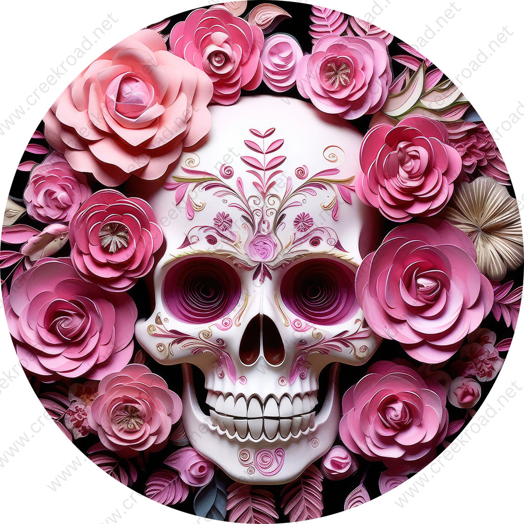 Decorative Ornate Skull with Pink Flowers  Wreath Sign-Halloween-Sublimation-Decor-Creek Road Designs