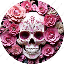 Load image into Gallery viewer, Decorative Ornate Skull with Pink Flowers  Wreath Sign-Halloween-Sublimation-Decor-Creek Road Designs

