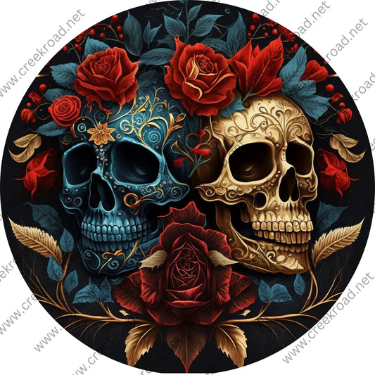 Teal and Gold Skulls with Red Roses Wreath Sign-Halloween-Sublimation-Decor-Creek Road Designs