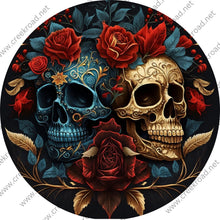 Load image into Gallery viewer, Teal and Gold Skulls with Red Roses Wreath Sign-Halloween-Sublimation-Decor-Creek Road Designs
