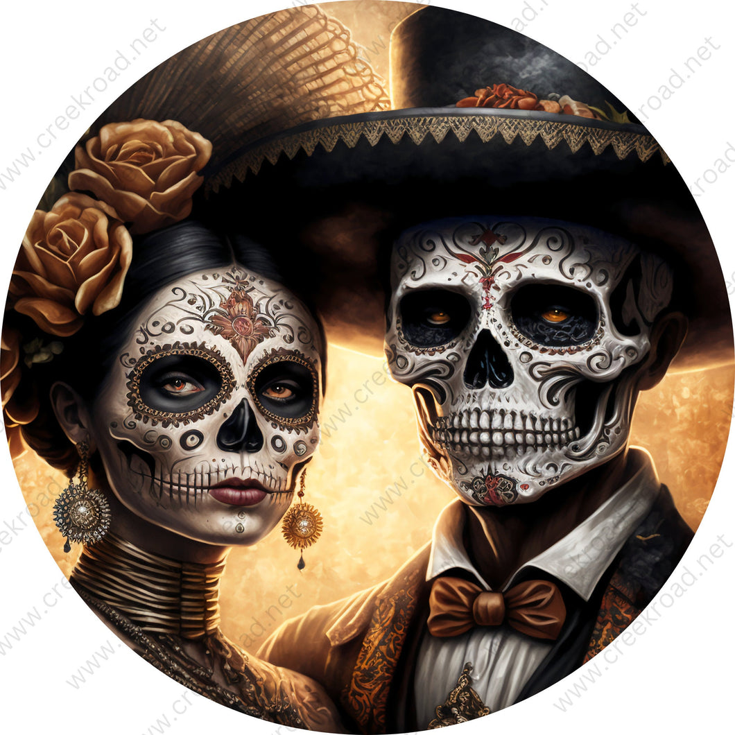 Mexican Skull Couple Dia de la Muerta Wreath Sign-Halloween-Sublimation-Decor-Creek Road Designs
