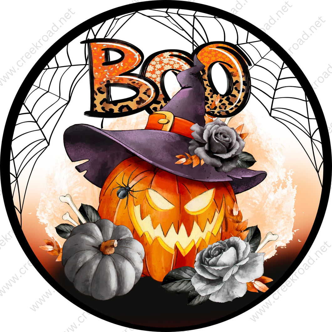 Boo Jackolantern Purple Witch Hat Spiderweb Wreath Sign-Halloween-Sublimation-Decor-Creek Road Designs