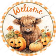 Load image into Gallery viewer, Welcome Highland Cow Halloween Pumpkins Wreath Sign-Halloween-Sublimation-Decor-Creek Road Designs
