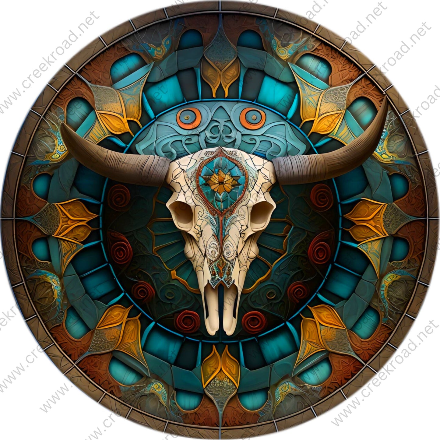 Southwestern Cow Skull Teal Orange Wreath Sign-Round-Sublimation-Farm-Decor