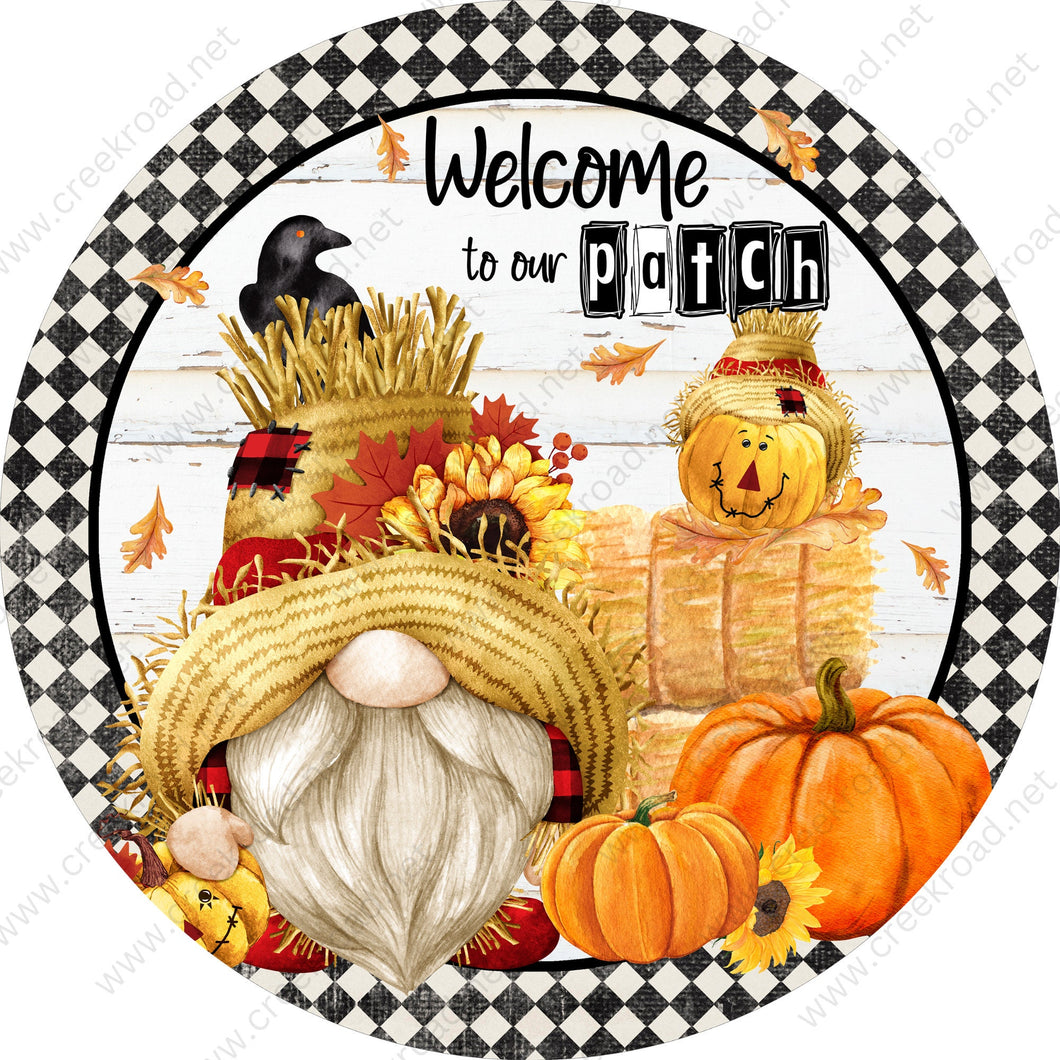 Welcome To Our Patch Fall Gnome White Shiplap Background Harlequin Border Wreath Sign-Round-Sublimation-Autumn-Decor-Creek Road Designs