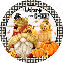 Load image into Gallery viewer, Welcome To Our Patch Fall Gnome White Shiplap Background Harlequin Border Wreath Sign-Round-Sublimation-Autumn-Decor-Creek Road Designs
