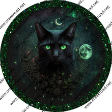 Load image into Gallery viewer, Halloween Black Cat with Celestial Background Green Glitter Border Wreath Sign-Halloween-Sublimation-Decor-Creek Road Designs
