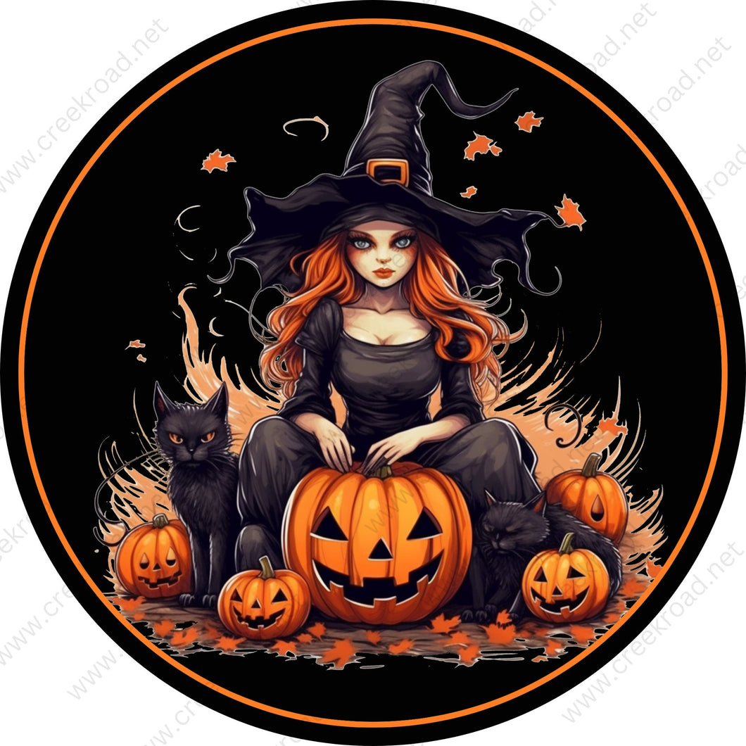 Halloween Witch Black Cats Pumpkins with Orange Border Wreath Sign-Halloween-Sublimation-Decor-Creek Road Designs