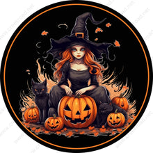 Load image into Gallery viewer, Halloween Witch Black Cats Pumpkins with Orange Border Wreath Sign-Halloween-Sublimation-Decor-Creek Road Designs
