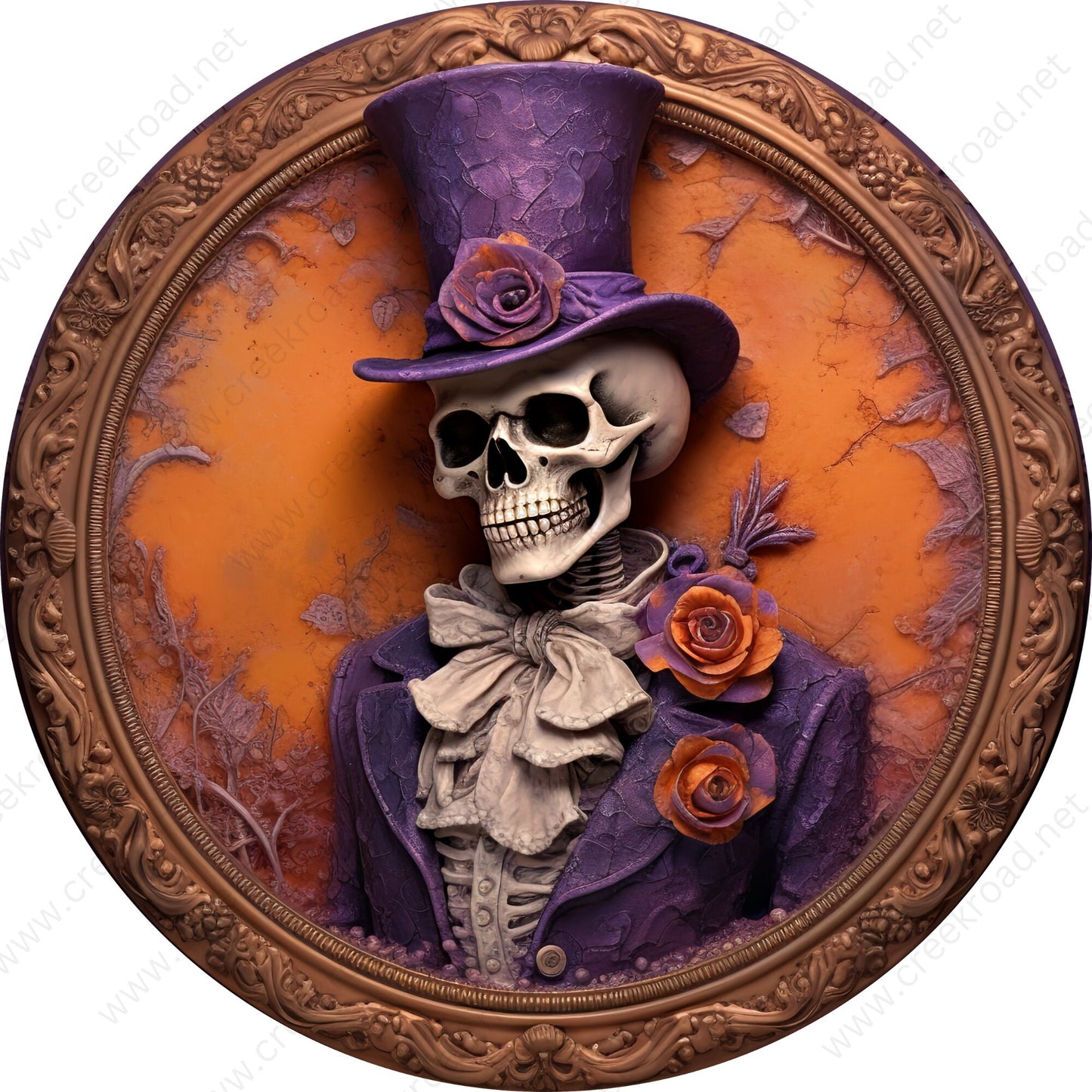 Skeleton Purple Tuxedo Orange Background Picture Frame Wreath Sign-Halloween-Sublimation-Decor-Creek Road Designs