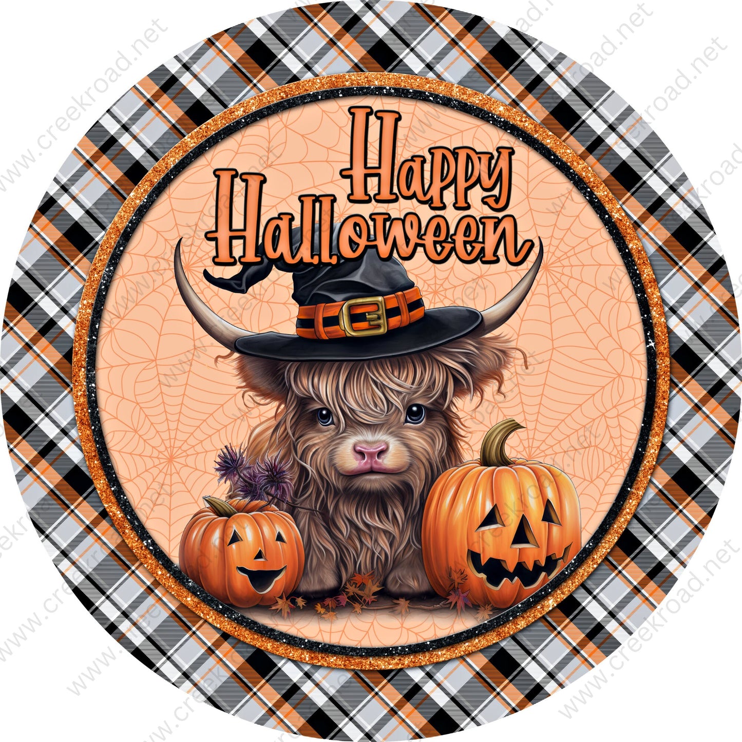 Happy Halloween Highland Cow Jackolanterns Orange Black Plaid Border Wreath Sign-Halloween-Sublimation-Decor-Creek Road Designs