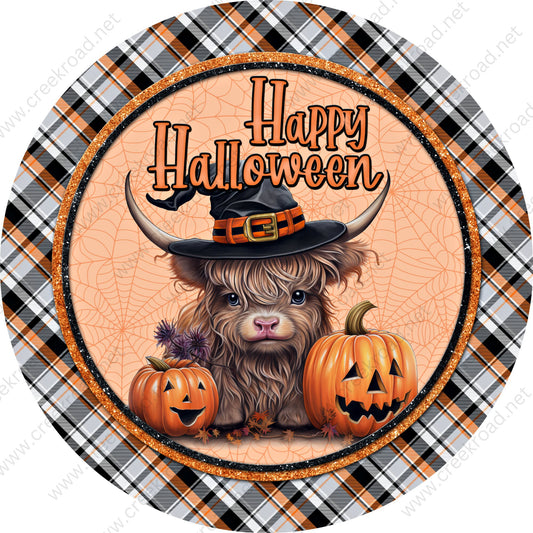 Happy Halloween Highland Cow Jackolanterns Orange Black Plaid Border Wreath Sign-Halloween-Sublimation-Decor-Creek Road Designs