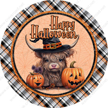 Load image into Gallery viewer, Happy Halloween Highland Cow Jackolanterns Orange Black Plaid Border Wreath Sign-Halloween-Sublimation-Decor-Creek Road Designs
