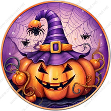Load image into Gallery viewer, Jackolantern Purple Witch Hat Wreath Sign-Halloween-Sublimation-Decor-Creek Road Designs
