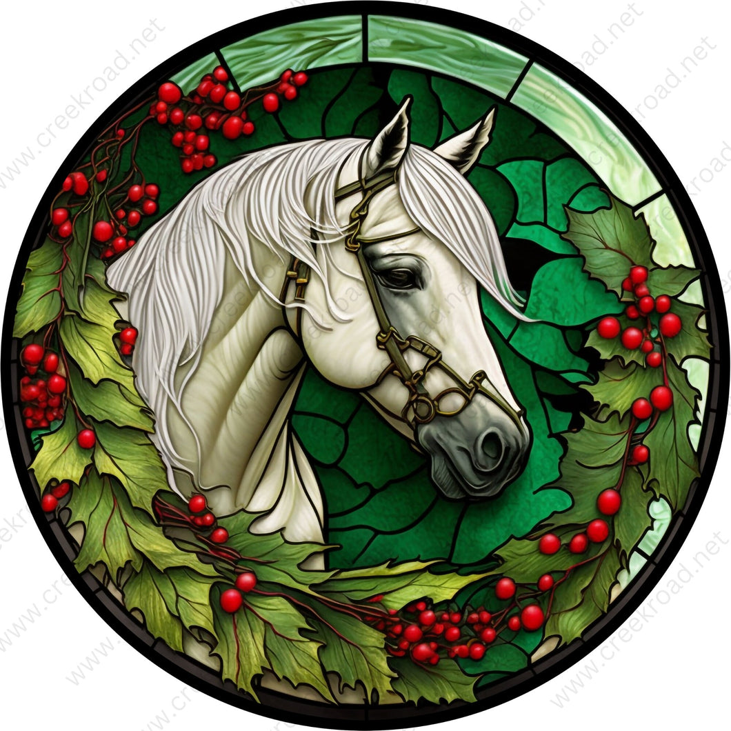 Christmas Horse With Holly Green Wreath Sign-Holiday-Sublimation-Attachment-Decor