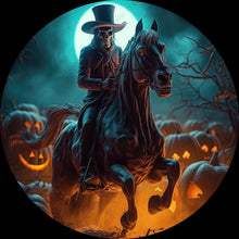 Load image into Gallery viewer, Skeleton Riding Horse through Spooky Pumpkin Patch Wreath Sign-Halloween-Sublimation-Decor-Creek Road Designs
