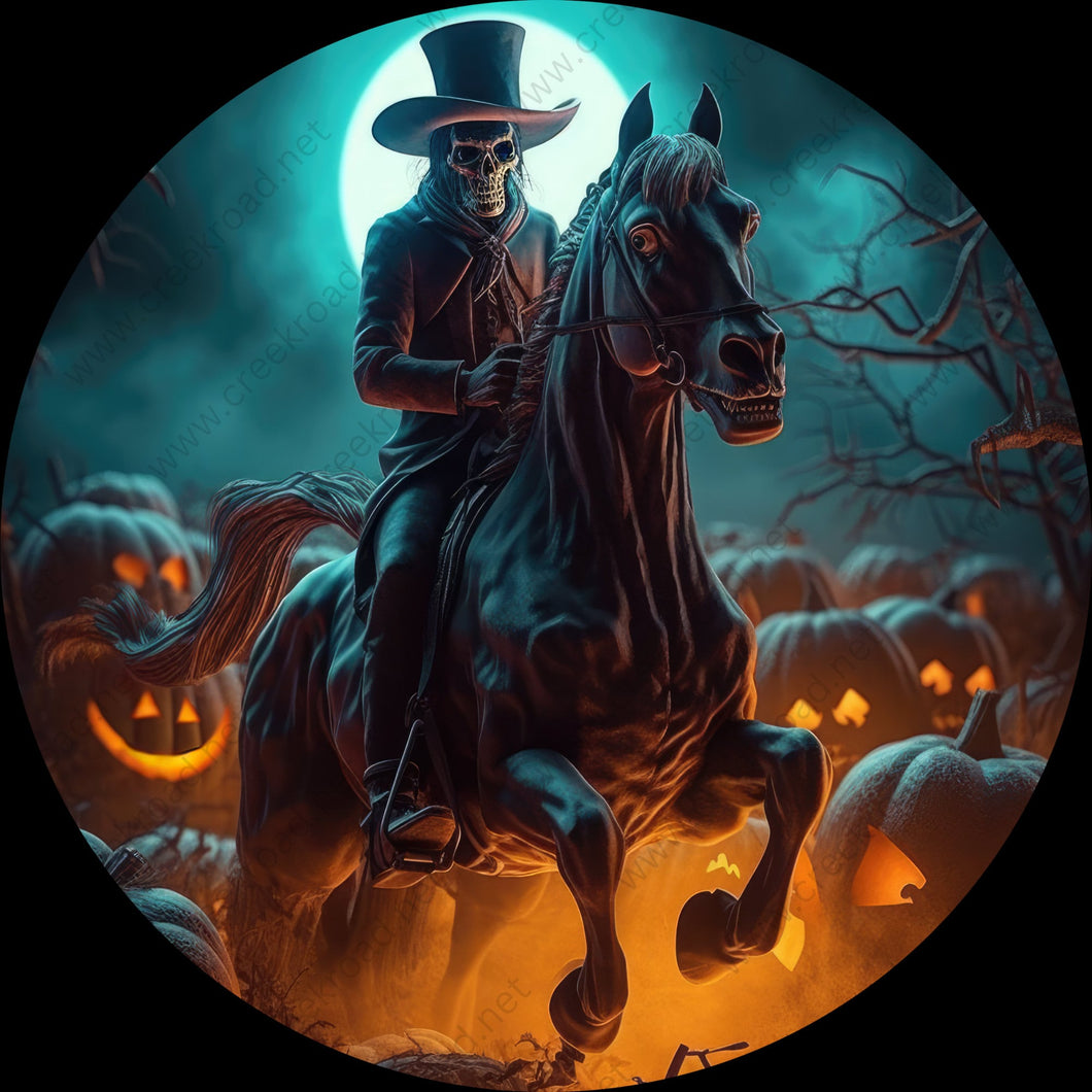 Skeleton Riding Horse through Spooky Pumpkin Patch Wreath Sign-Halloween-Sublimation-Decor-Creek Road Designs