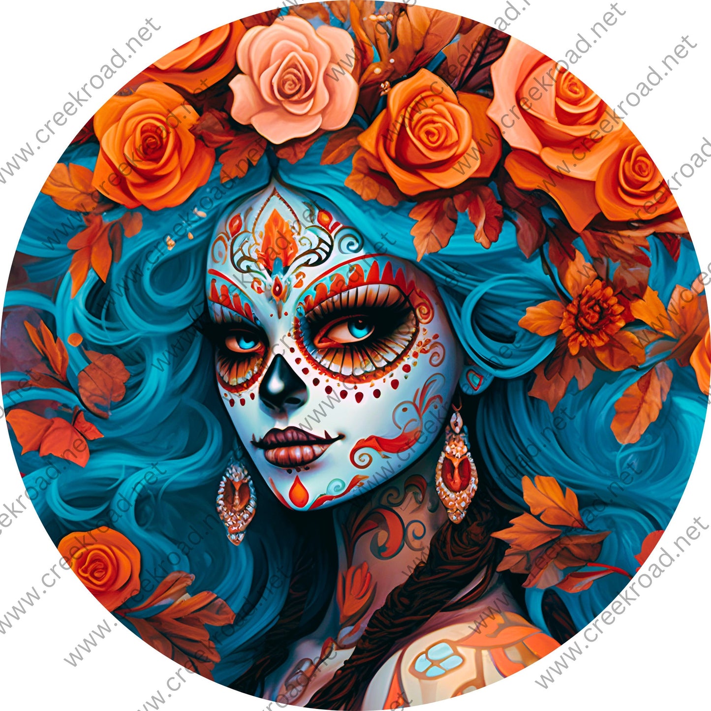 Beautiful Orange Teal Fall Sugar Skull  Women Wreath Sign-Halloween-Sublimation-Decor-Creek Road Designs