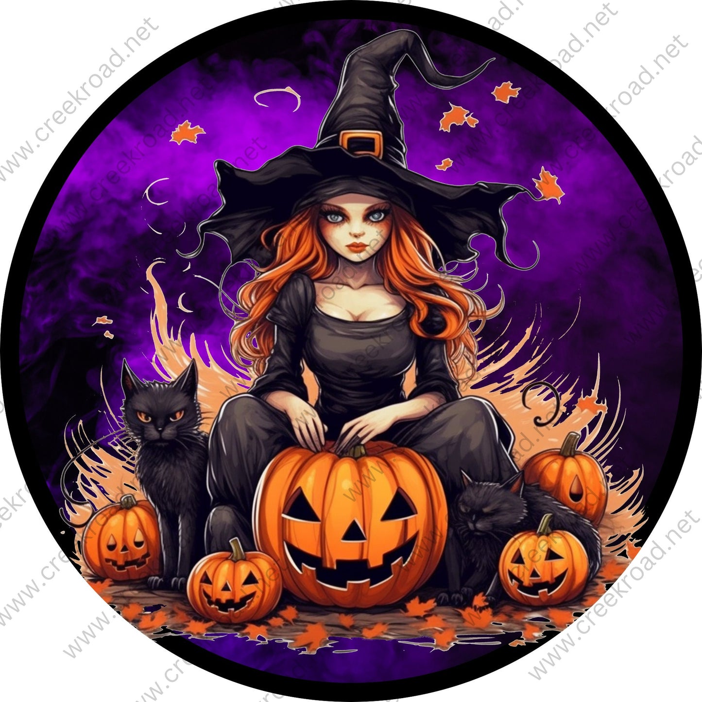 Halloween Witch Black Cats Pumpkins Purple Smoke Background Wreath Sign-Halloween-Sublimation-Decor-Creek Road Designs