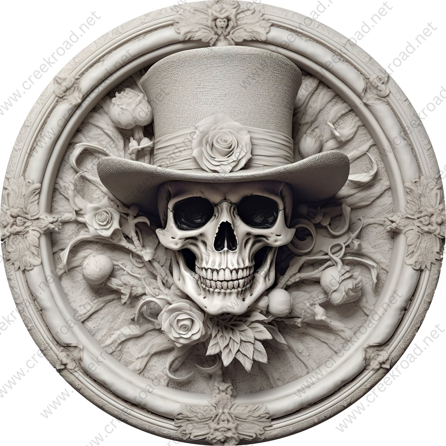 White Skeleton White Top Hat Wreath Sign-Halloween-Sublimation-Decor-Creek Road Designs