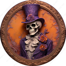 Load image into Gallery viewer, Skeleton Purple Tuxedo Orange Background Picture Frame Wreath Sign-Halloween-Sublimation-Decor-Creek Road Designs
