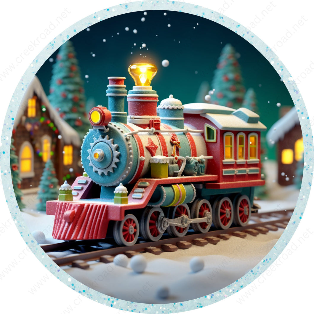 Christmas Toy Train Ice Blue Glitter Border Wreath Sign-CHOO-CHOOs THE BORDER-Sublimation-Round-Christmas-Decor