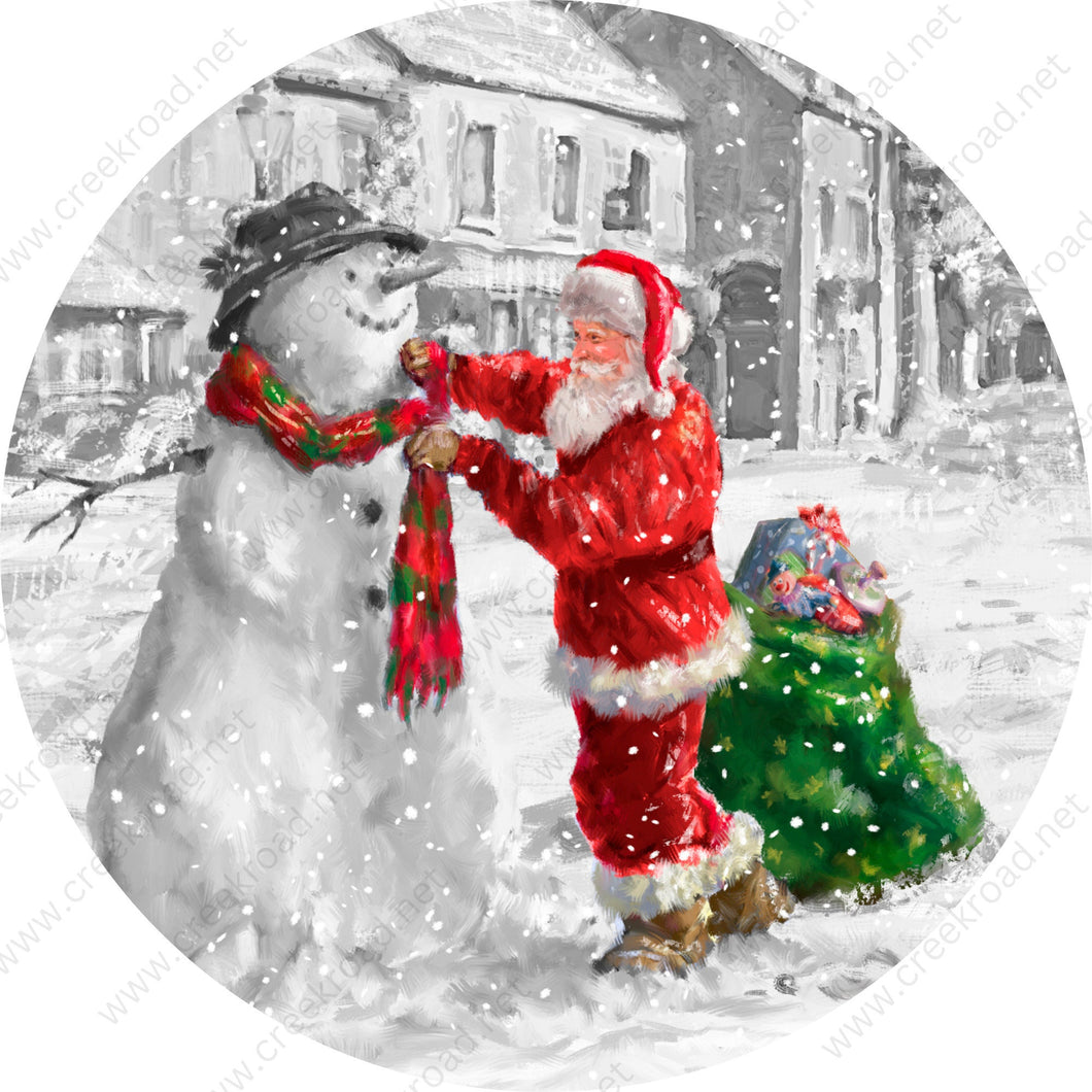 Santa Claus Adjusting Snowman Scarf Winter Sack of Toys Wreath Sign-Sublimation-Round-Christmas-Decor