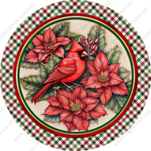 Load image into Gallery viewer, Christmas Cardinal Poinsettias Plaid Border Wreath Sign-Sublimation-Round-Fall-Autumn-Decor
