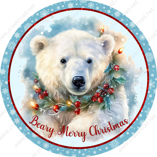 Beary Merry Christmas Polar Bear Blue Snowflake Red Glitter Border Wreath Sign-Sublimation-Round-Christmas-Decor