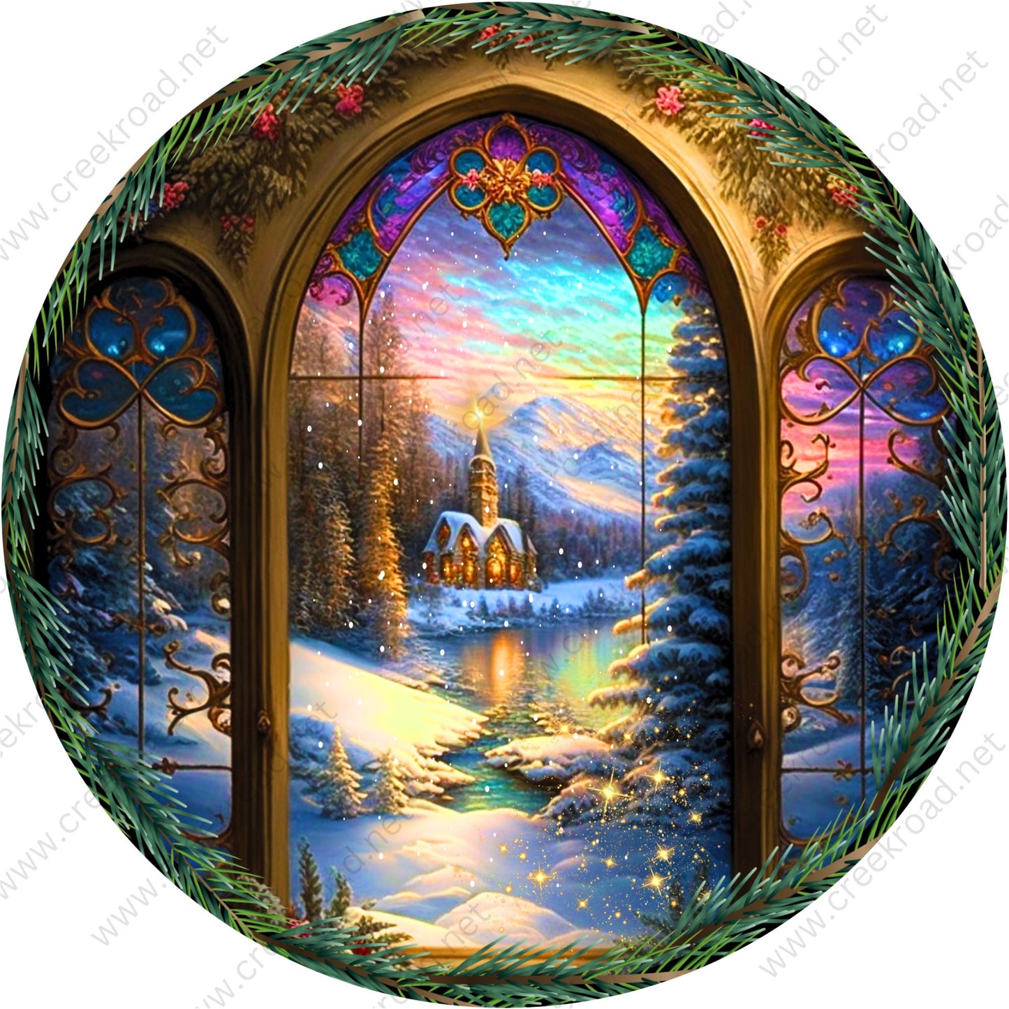 Ice Cathedral With Wintergreen Holly Border Wreath Sign-Sublimation-Round-Christmas-Decor