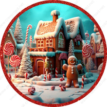 Load image into Gallery viewer, Christmas Gingerbread House Man Candyland Glitter Wreath Sign-PICK YOUR BORDER-Holiday-Sublimation-Attachment-Decor
