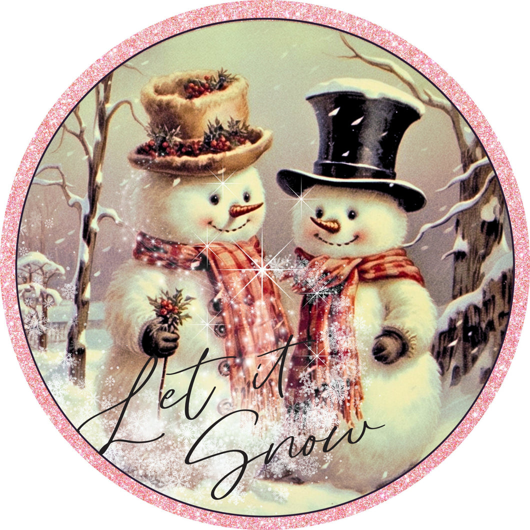 Let It Snow Retro Snowmen Pink Glitter Border Wreath Sign-Sublimation-Round-Christmas-Decor