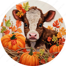 Load image into Gallery viewer, Fall Cow in Pumpkin Patch With Embroidery Apprearance Wreath Sign-Sublimation-Round-Fall-Autumn-Decor
