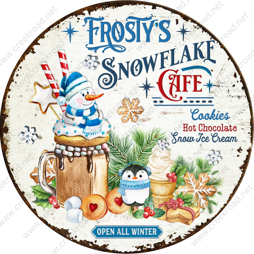 Frosty's Snowflake Cafe Cookies Hot Chocolate Retro Faux Rusted Border Wreath Sign-Sublimation-Round-Christmas-Decor