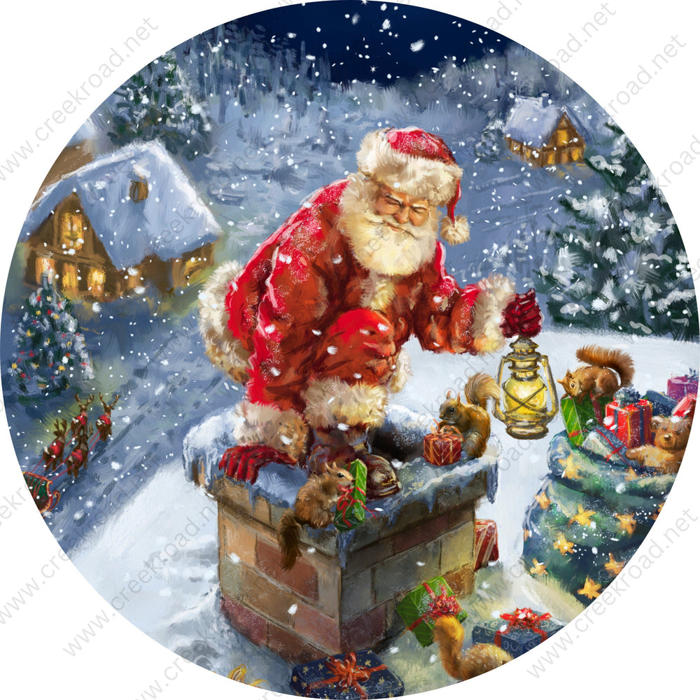 Santa Claus Roof Top Visit Down Chimney Wreath Sign-Sublimation-Round-Christmas-Decor