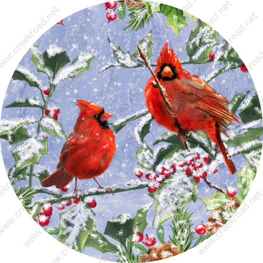 Winter Red Cardinals In Snow Wreath Sign-Sublimation-Round-Christmas-Decor