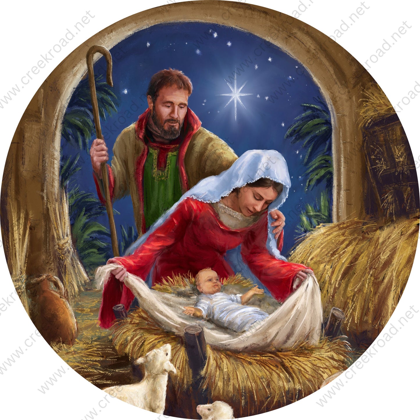 Christmas Nativity Manger Mary Joseph Baby Jesus Wreath Sign-Sublimation-Round-Christmas-Decor