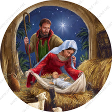 Load image into Gallery viewer, Christmas Nativity Manger Mary Joseph Baby Jesus Wreath Sign-Sublimation-Round-Christmas-Decor
