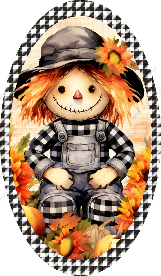 Boy Scarecrow Black White Gingham Outfit Wreath Sign-Oval 7"x12"- PICK YOUR BORDER-Fall-Sublimation-Attachment-Round-Decor