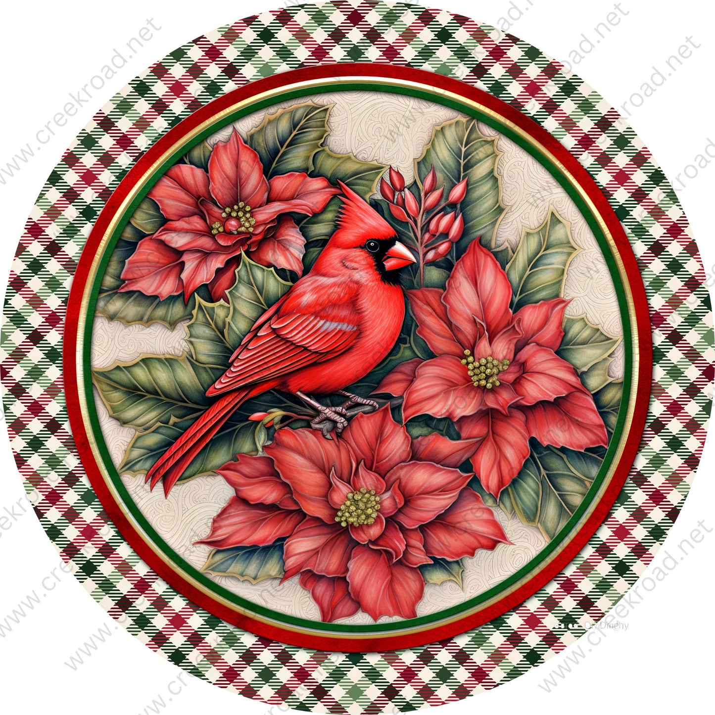 Christmas Cardinal Poinsettias Plaid Border Wreath Sign-Sublimation-Round-Fall-Autumn-Decor