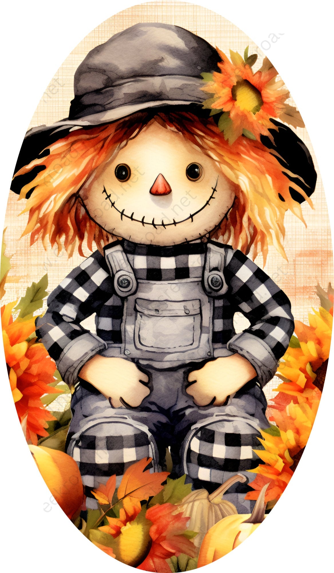 Boy Scarecrow Black White Gingham Outfit Wreath Sign-Oval 7"x12"- PICK YOUR BORDER-Fall-Sublimation-Attachment-Round-Decor