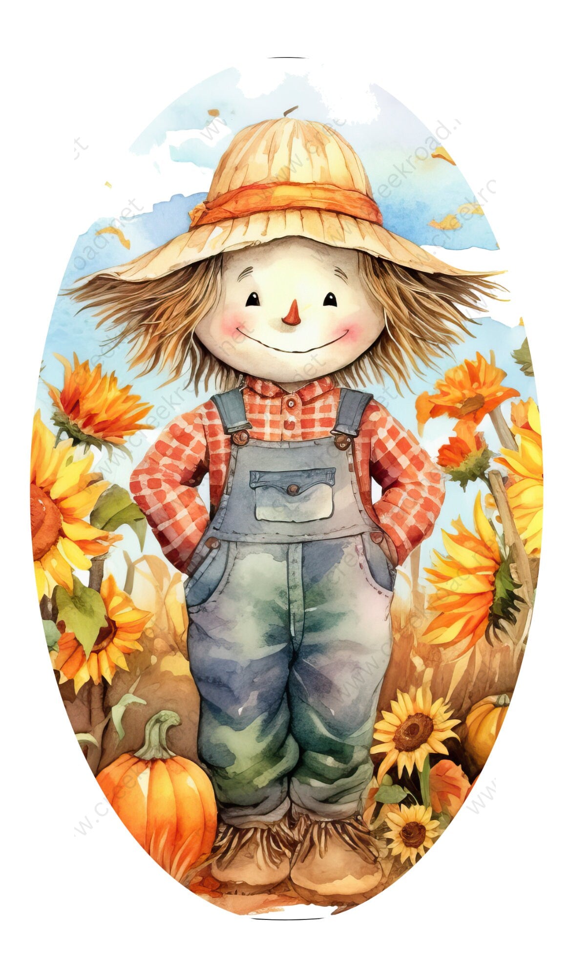 Boy Scarecrow in Sunflower Pumpkin Field Wreath Sign-7"x12" Oval-PICK YOUR BORDER-Sublimation-Round-Fall-Autumn-Decor