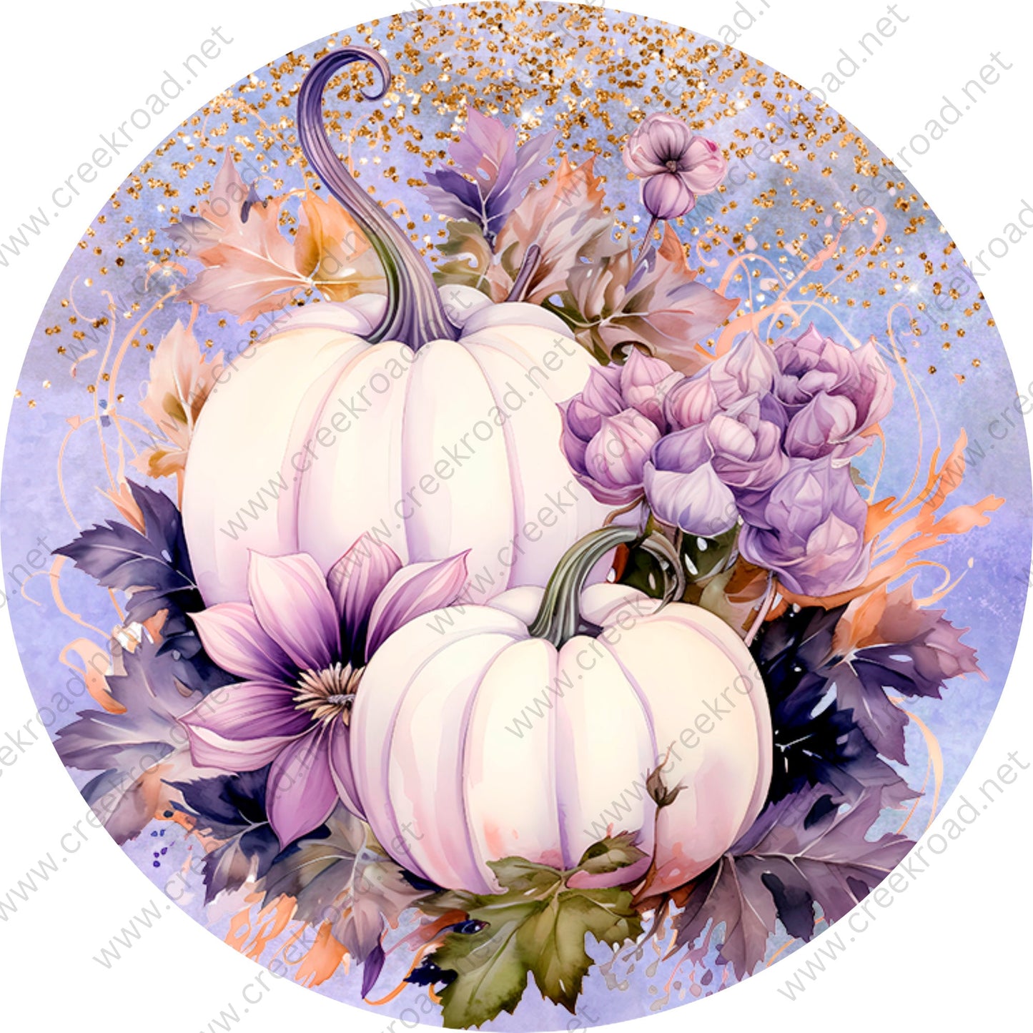 White Pumpkins Purple Florals Wreath Sign-Sublimation-Round-Fall-Autumn-Decor