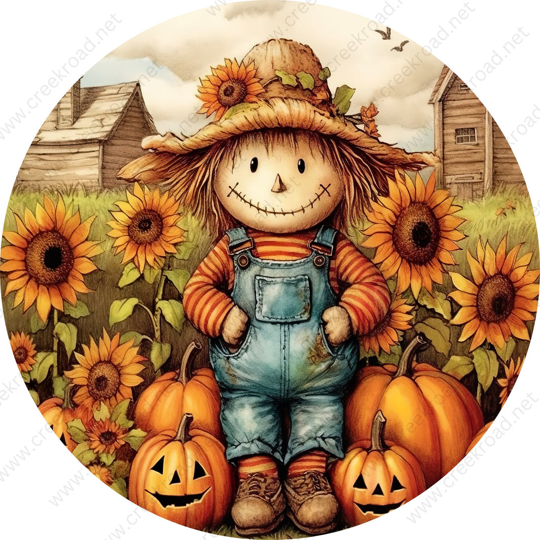 Boy Scarecrow in Sunflowers Pumpkin Patch Wreath Sign-Sublimation-Round-Fall-Autumn-Decor
